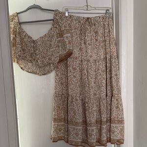 Women's Boho maxi Skirt with cropped top set in Cream and Tan